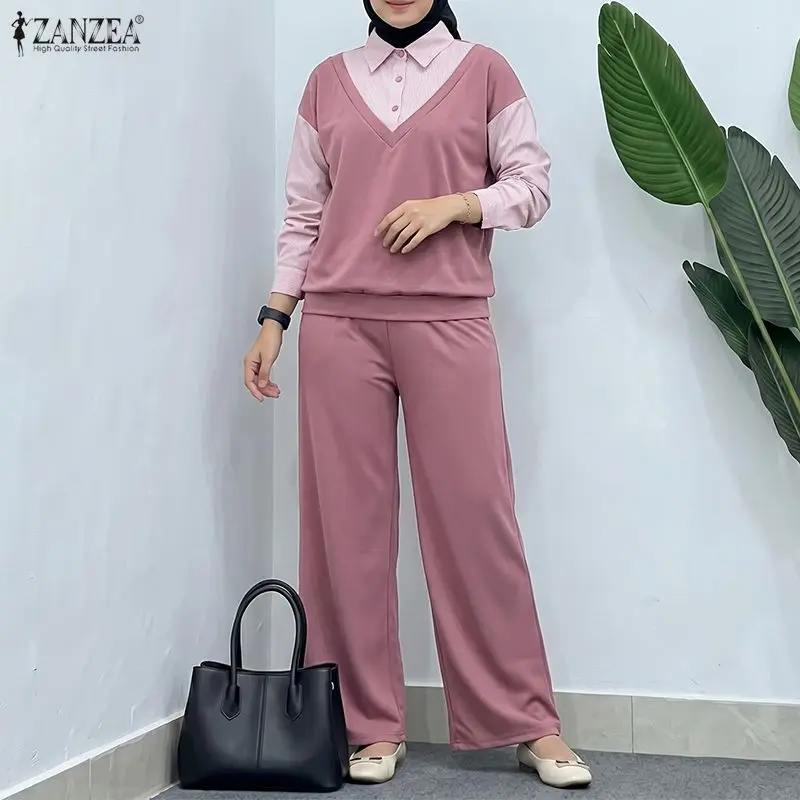 ZANZEA Autumn Outfits Women Casual Long Sleeve Stripe Patchwork Tops Shirt Elastic Waist Trousers Suit Muslim Matching Sets