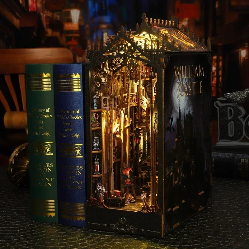 

William Castle Bookshelf Handmade Bookend NEW DIY Wooden Book Nook Shelf Insert Miniature Model Kits for Friends Birthday Gifts