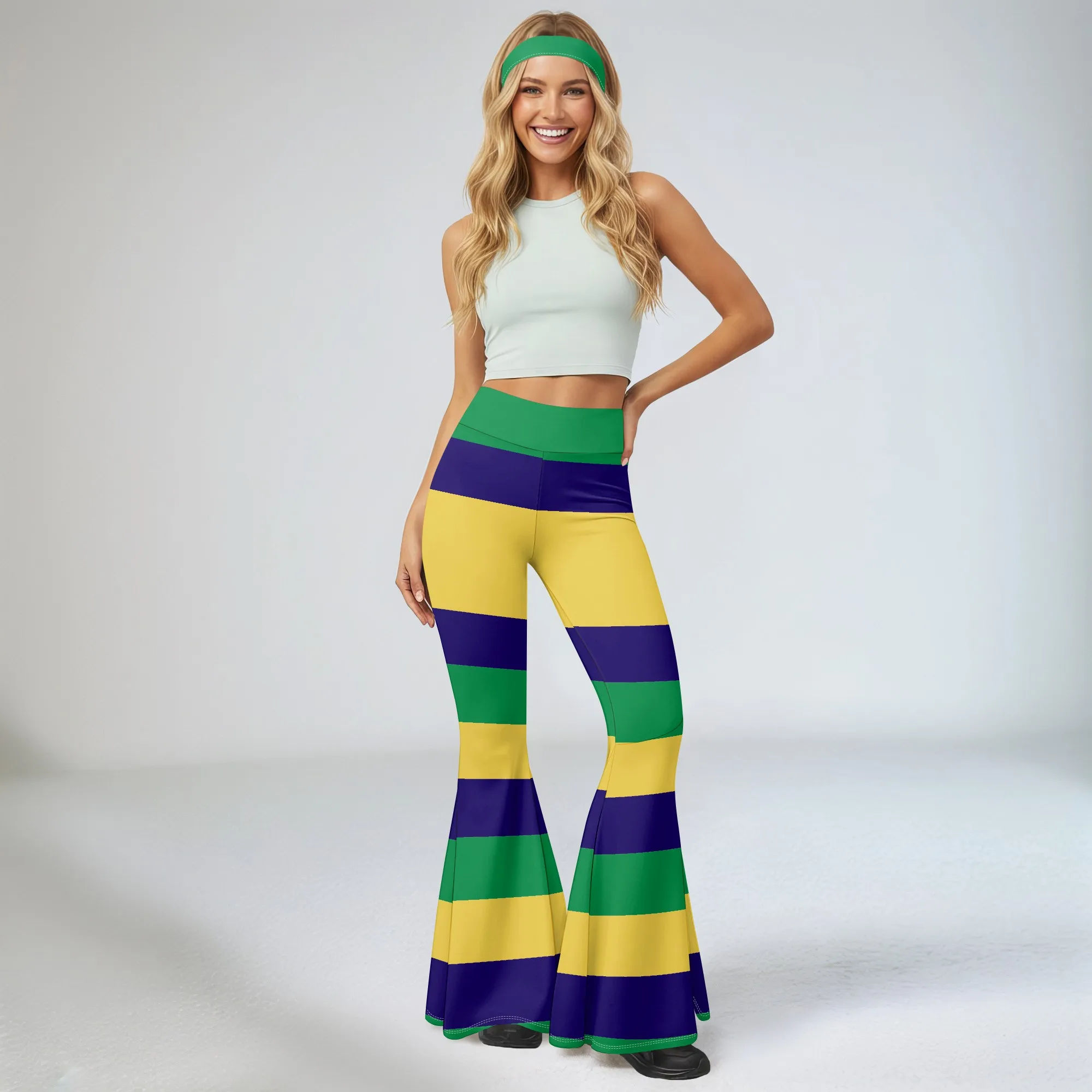 Women's Spring And Summer Casual 3D Striped Printed Flared Pants, High Waisted Fashionable Flared Pants.