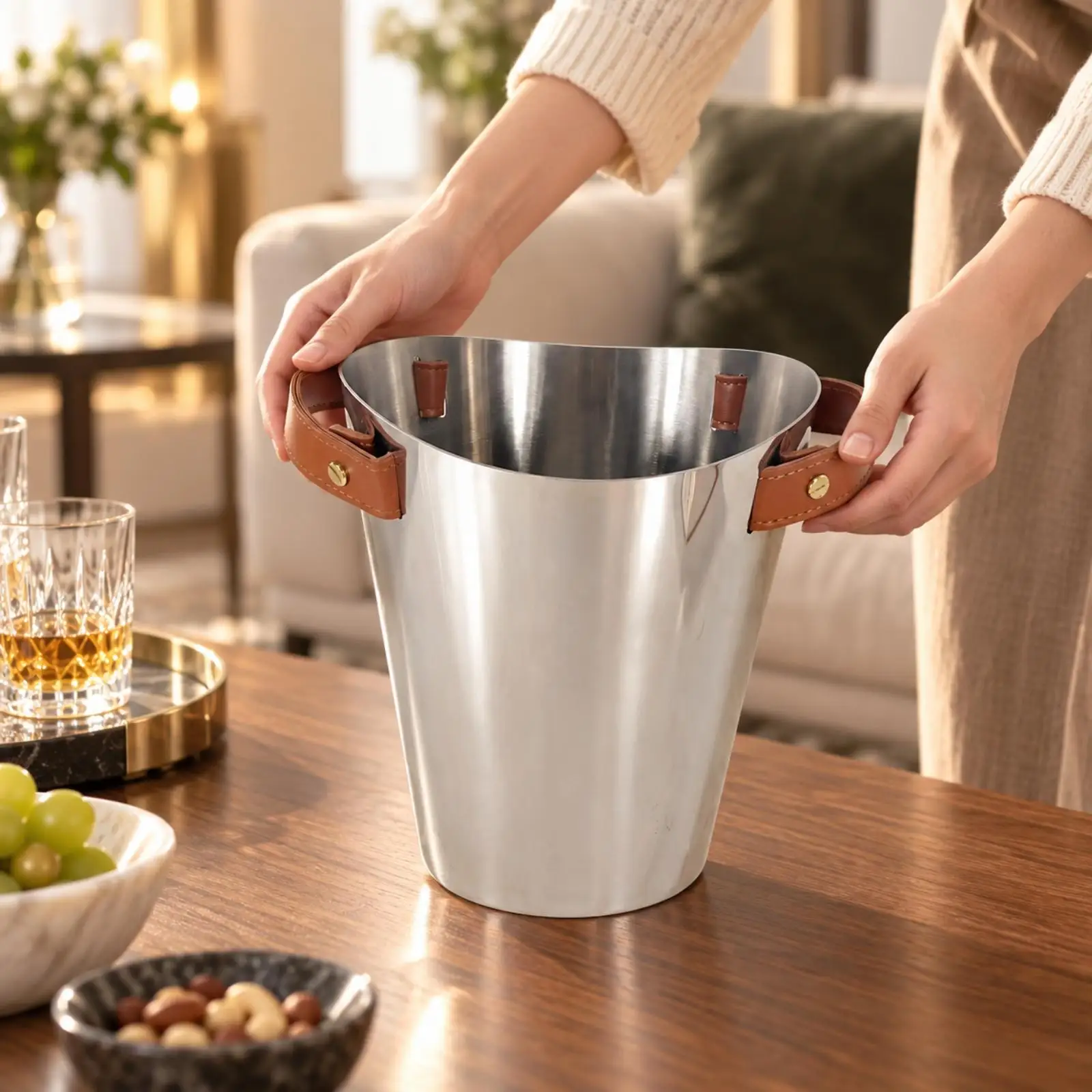 Home Bar Serving Piece Giftable Stainless Steel Barware with Leather Detailing Leather-Trimmed Tabletop Bar Piece Premium