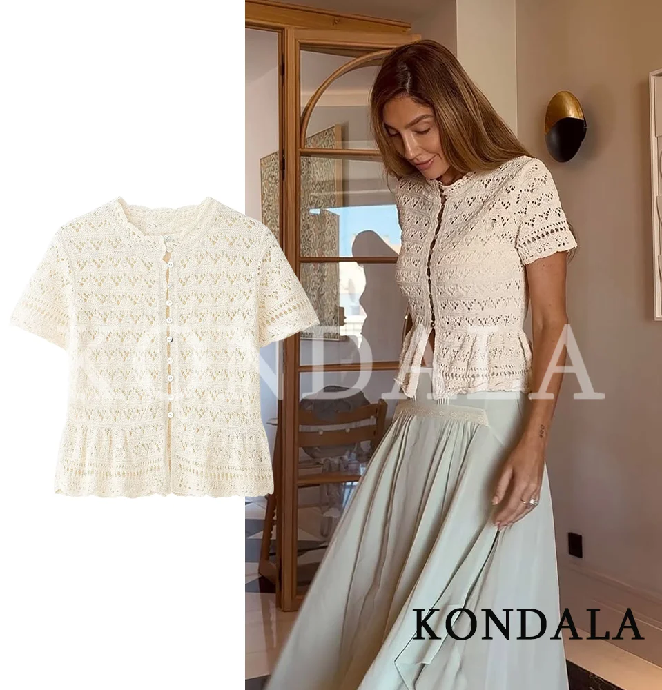 KONDALA Women Trendy Short Knitted Coat Hollow Out O-Neck Button Sweater Tops New Fashion 2026 Spring Summer Holiday Beach Tops