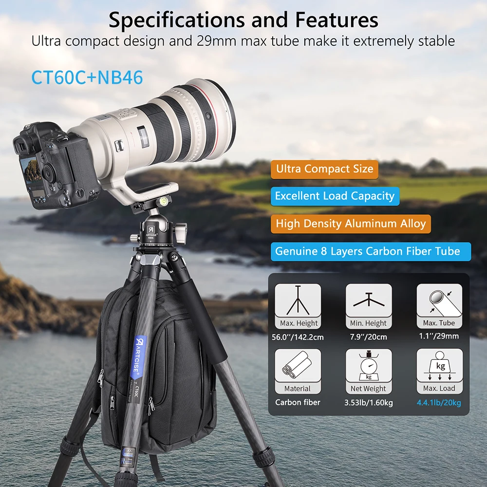 ARTCISE CT60C 133cm Carbon Fiber Tripod 29mm Tube Professional Ultra Stable&Lightweight Travel Tripod for DSLR Camera,Load 20kg