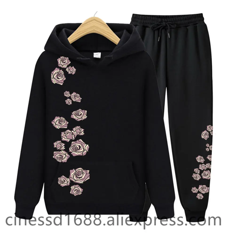 Ladies Hoodies Sets Sportswear Sweatshirt+ Pants Two Pieces Suit 2025 New Printed Rose Designer Trend Clothing Womens Tracksuit