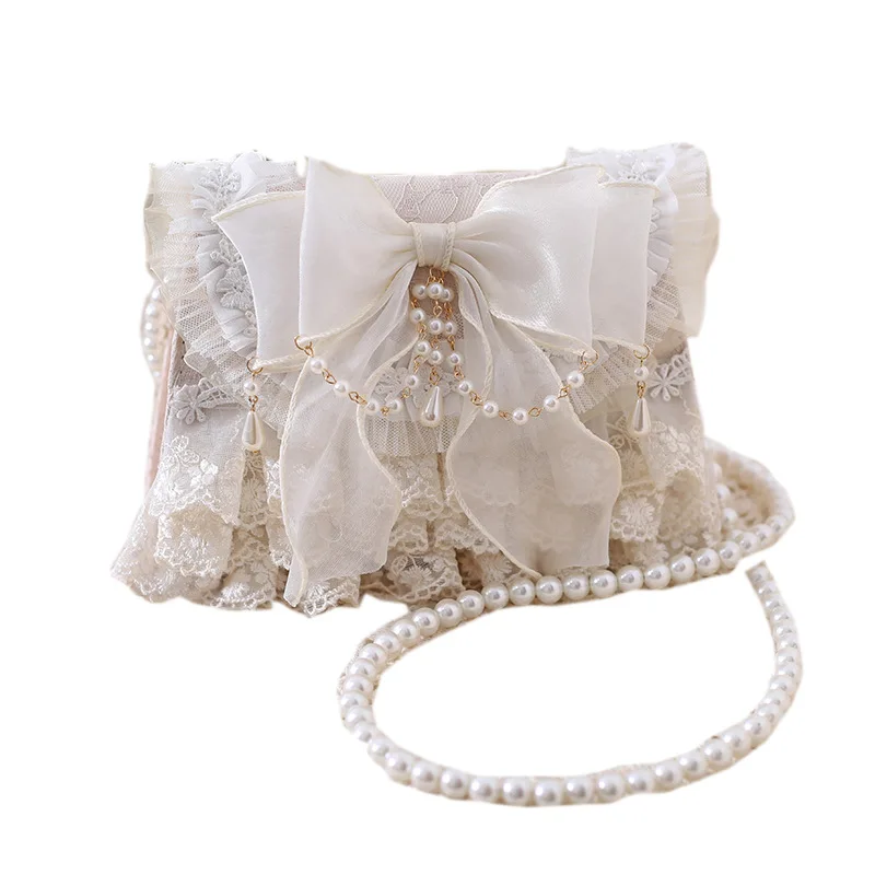 Women Lolita Shoulder Bag Cute Girl Handmade HandBag Bowtie Lace Imitation Pearl Cross Body