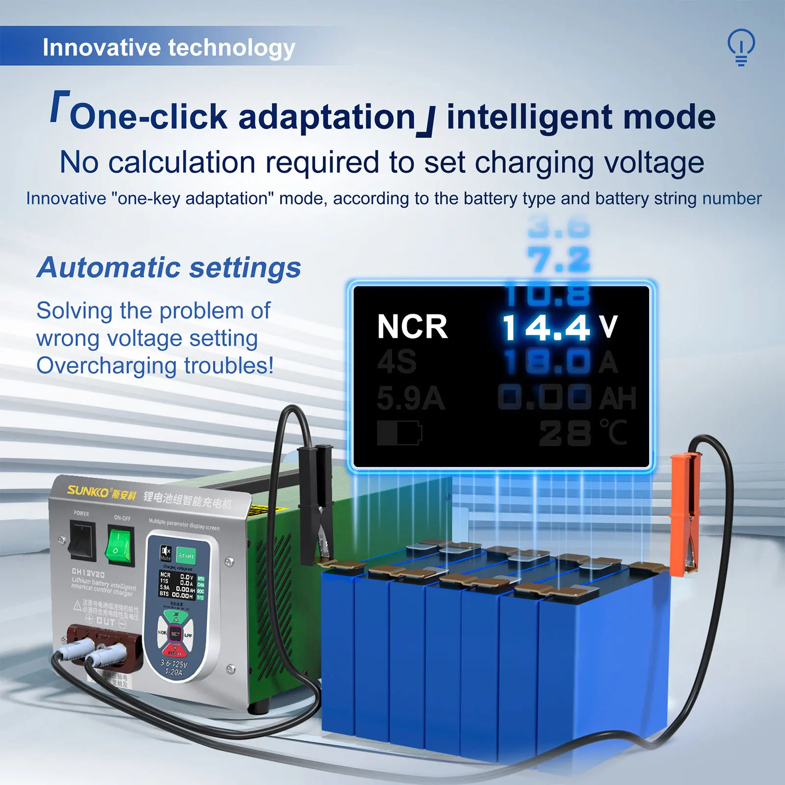 SUNKKO CH12V30 1-30A 2800W Professional Lithium Battery Pack Intelligent Charger for Li-ion/LifePO4 Battery Modules