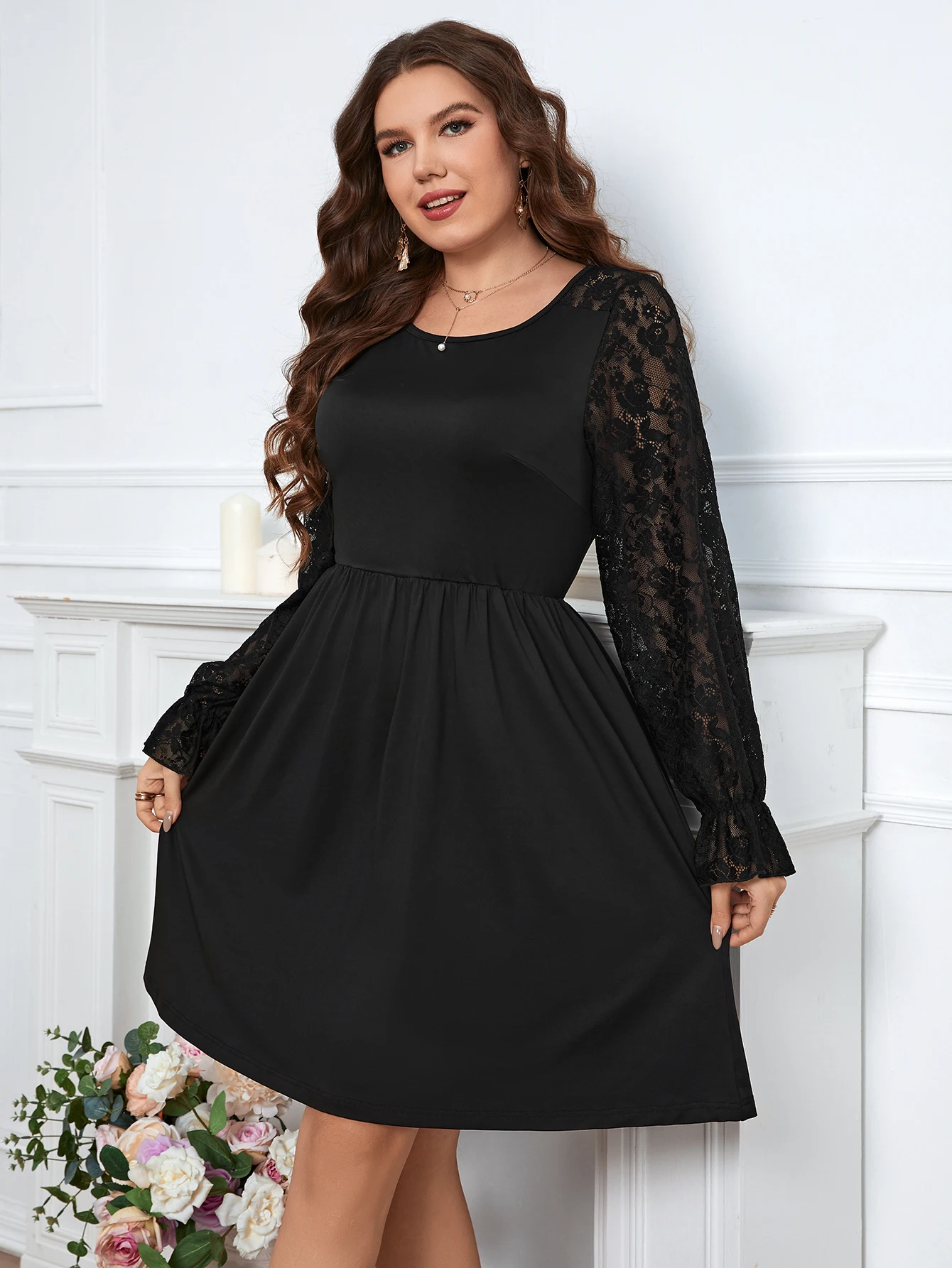 KEBY ZJ Plus Size Women Clothing Elegant Lace Puff Long Sleeve Party Dresses Black Chiffon Polyester Short Big Size Female Dress