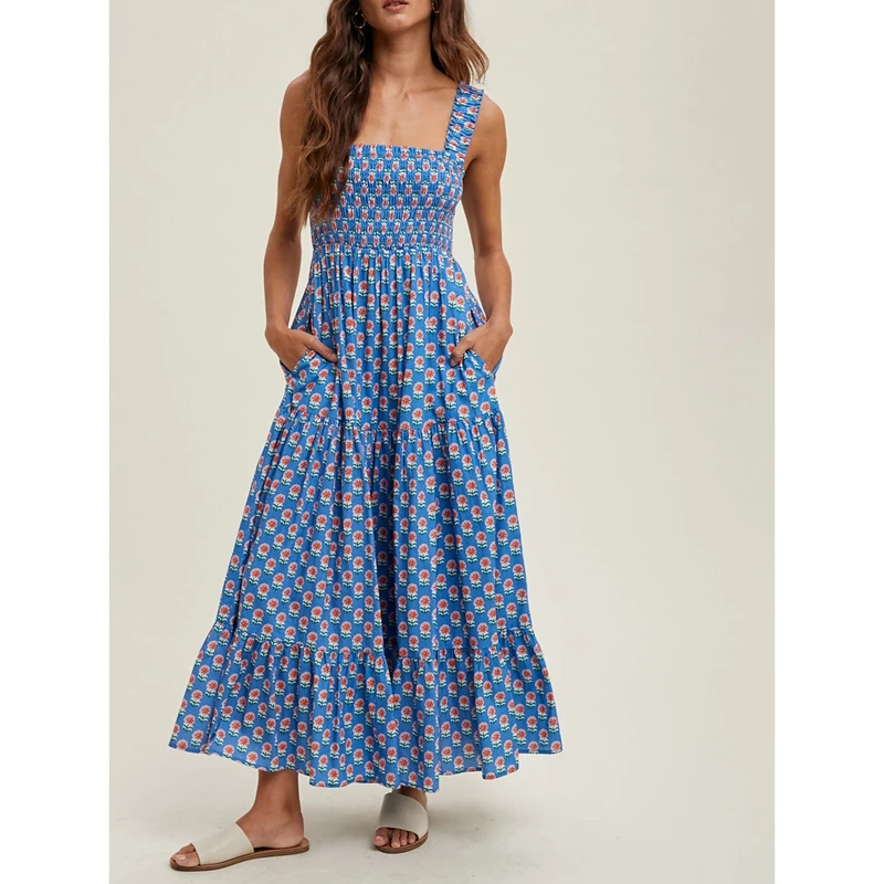 Combhasaki Abito da donna casual floreale con canotta smock collo quadrato senza maniche senza schienale a trapezio abito lungo con volant a strati con tasche