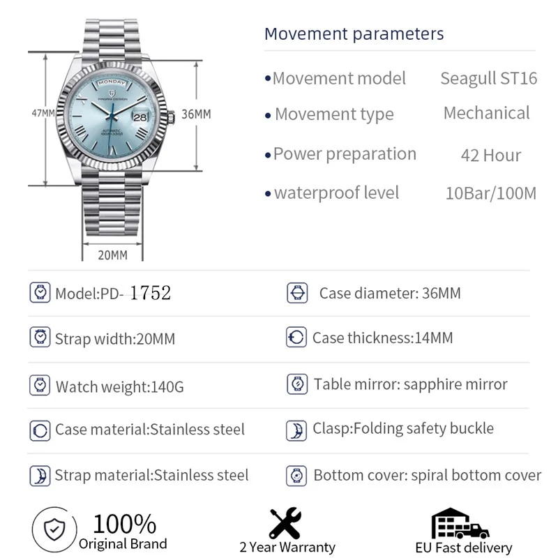 PAGANI DESIGN Week Calendar Type Watch For Men Sapphire Mirror 10ATM Automatic Watch ST16 Business Wristwatch Reloj Hombre 1752