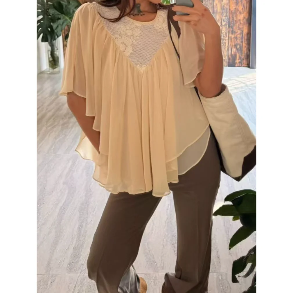 

Retro Lace Splicing Hem Cowl Neck Shirt Women's Spring New Style Vague Style Chiffon Top Short Sleeve Batwing Sleeve Shirt