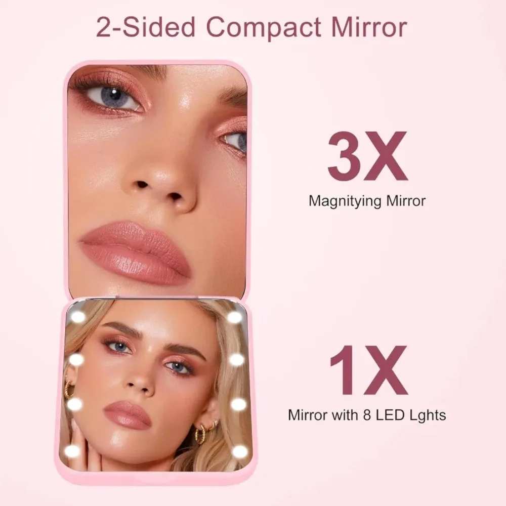 ポータブルLEDメイクアップミラー - 両面1倍/3倍拡大、照明付きトラベルミラー、電池式