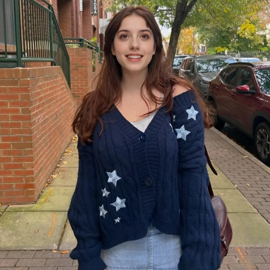 Inverno meia-noite azul marinho malha cardigans feminino primavera y2k casual estrela bordado único breasted blusas de malha cardigan