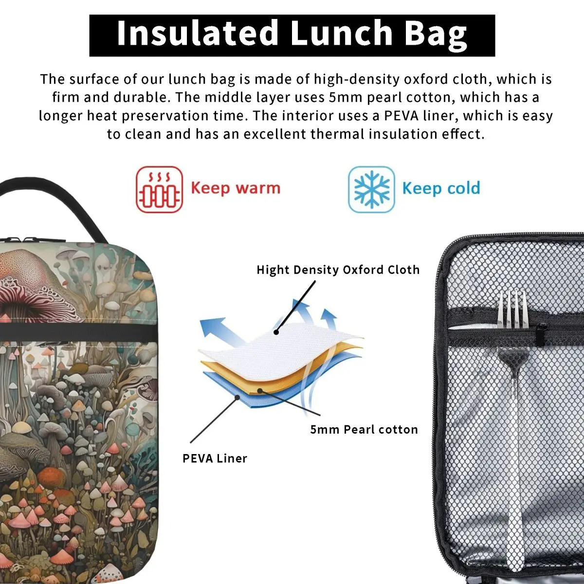Magical Mushroom Field Insulated Lunch Bag for Women Kids Leakproof Food Boxes Thermal Lunch Box Tote