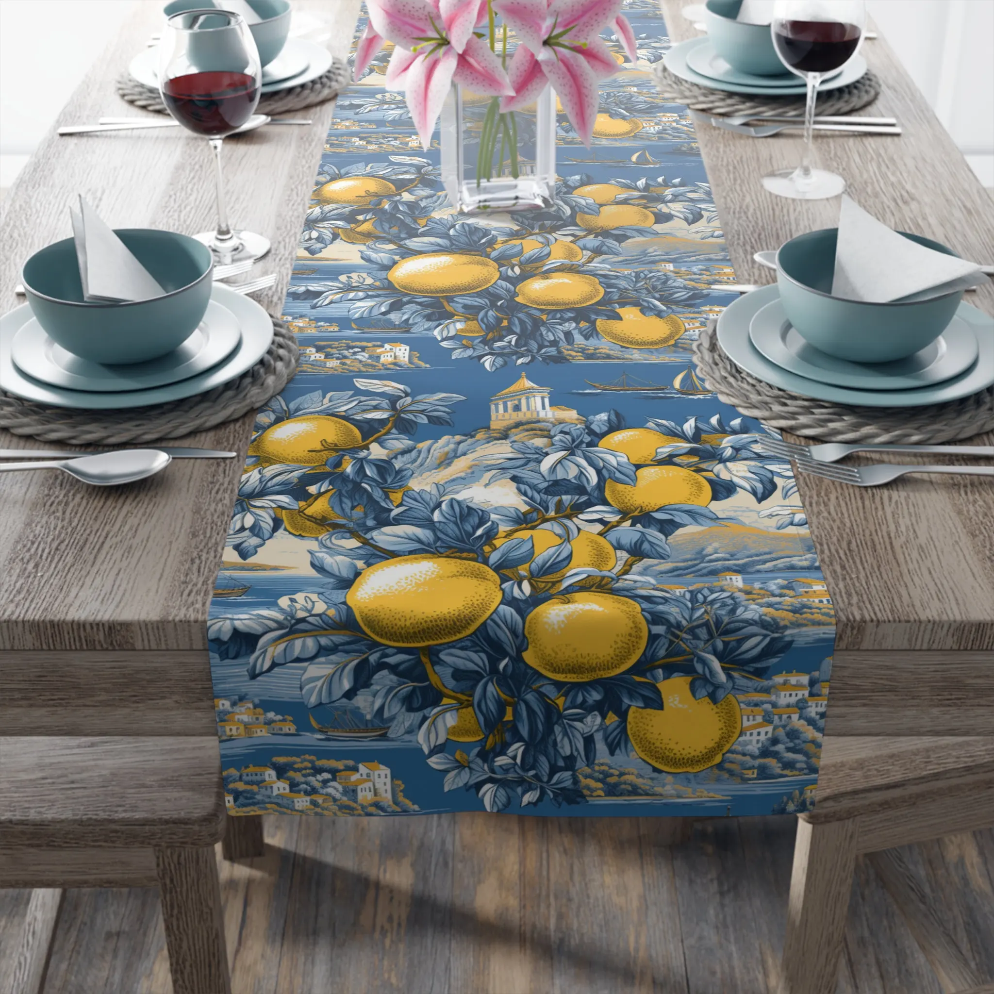 Camino de Mesa Floral Verde Oliva Coral y Granada - Decoración Boho de Lino Estampado a Bloque de Jaipur para Comedor