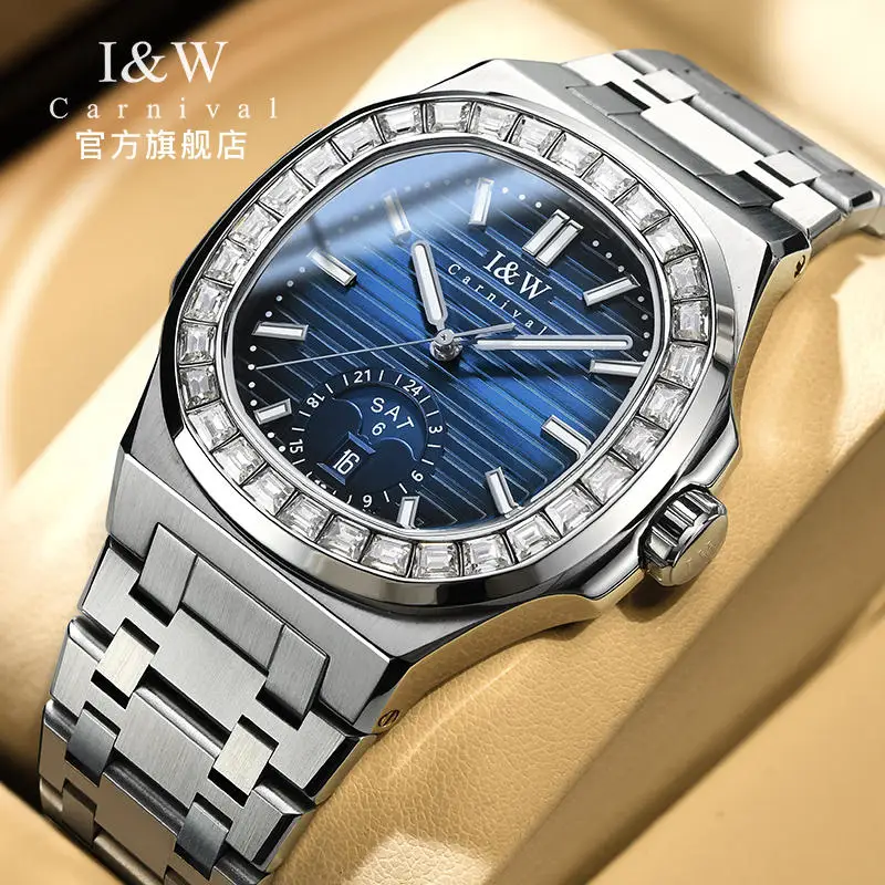 Switzerland Luxury Brand I&W CARNIVAL Japan Import Automatic Mechanical Men\'s Watches Sapphire Diamond Dual Calendar Clock 735G