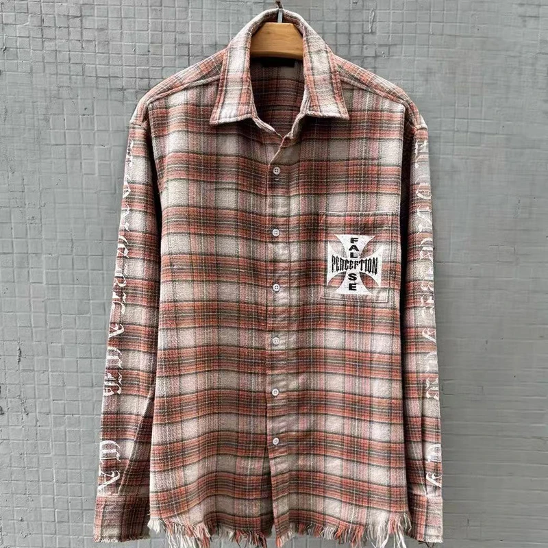 الرجال فحص قميص غير رسمي الخريف جديد التلبيب زر سترة الساحل الغربي المروحيات الرجعية غسل شرابة كل مباراة تي شيرت