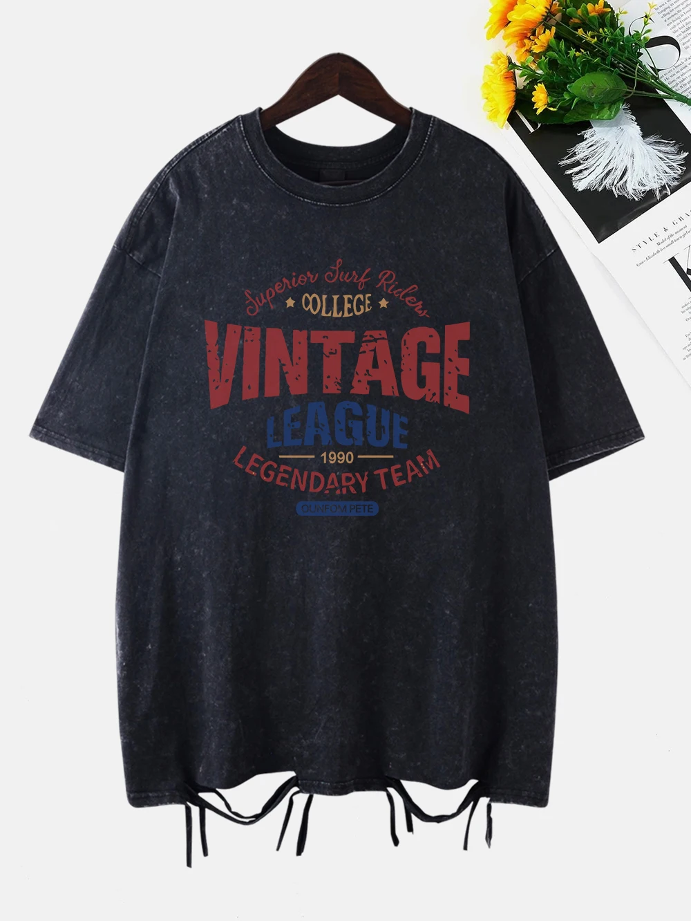 Vintage League Letter Prints Washed T-Shirts Women Cottontops Comfortable O-Neck Oversize T Shirts Fashion Womans Streetwear