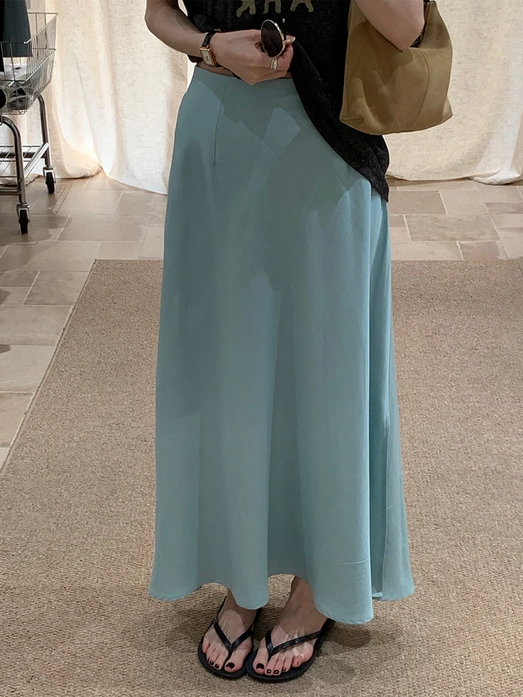 

Синяя женская юбка Fre Sle в корейском стиле с завышенной талией, облегающая, универсальная, А-силуэт, миди, летняя новинка