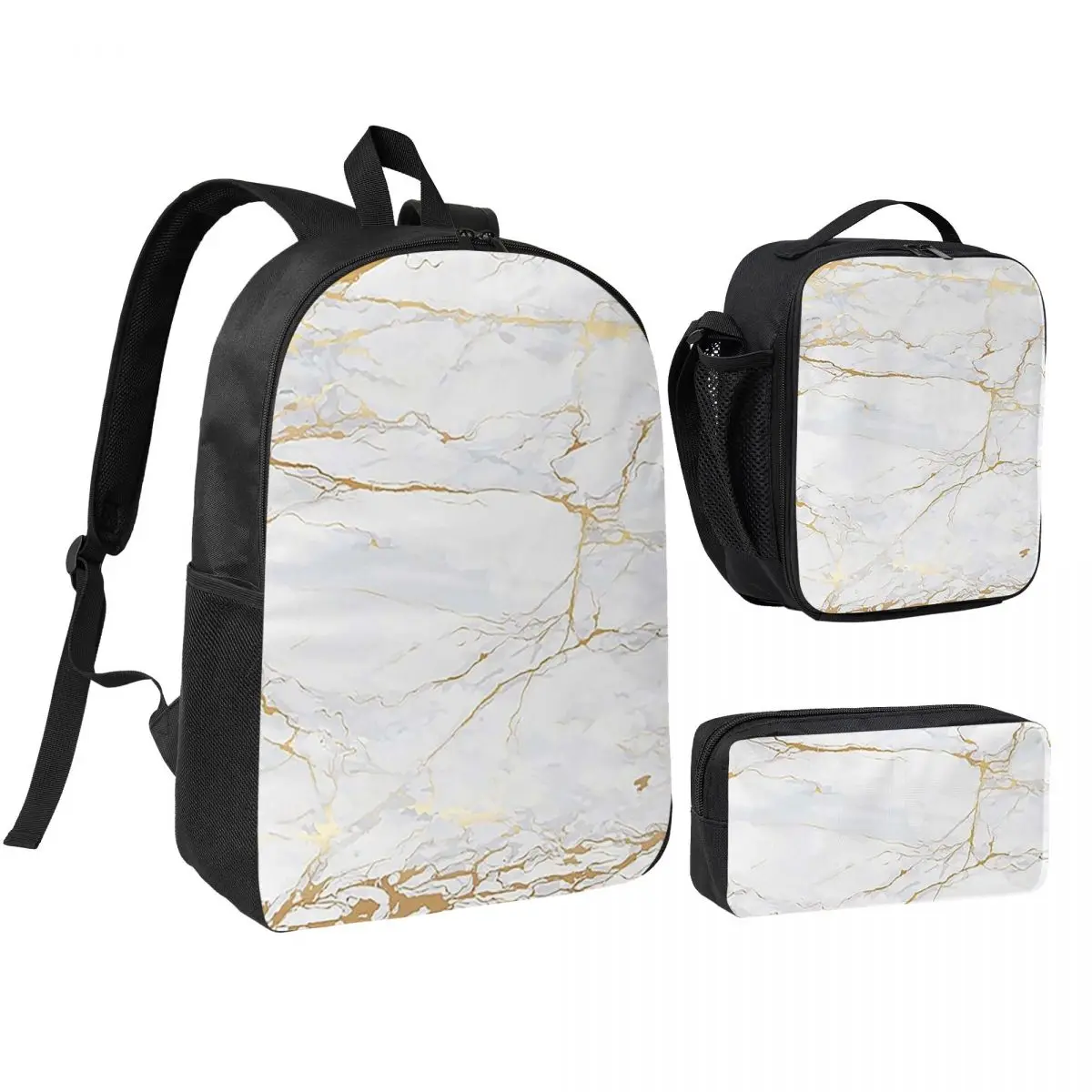 

White And Gold Marbl Backpack Student BookBag School Bag Shoulder Bags 3ps Insulated Lunch Bag Pencil Case