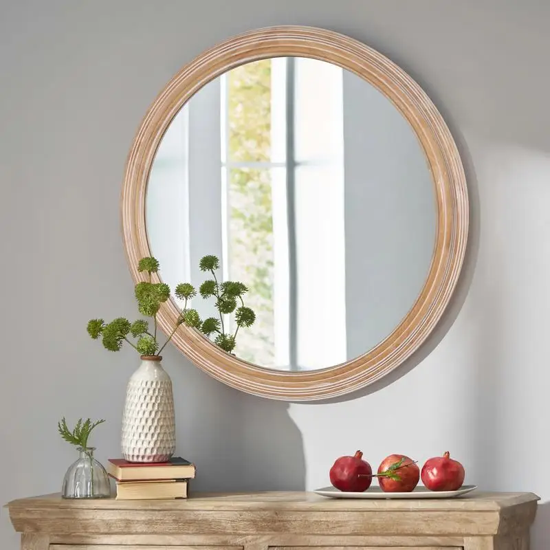 

27.5" Round Wall Mirror for Bathroom Vanity, Wooden Farmhouse Circle Mirror for Bedroom, Entryway, Living Room, Kitchen,