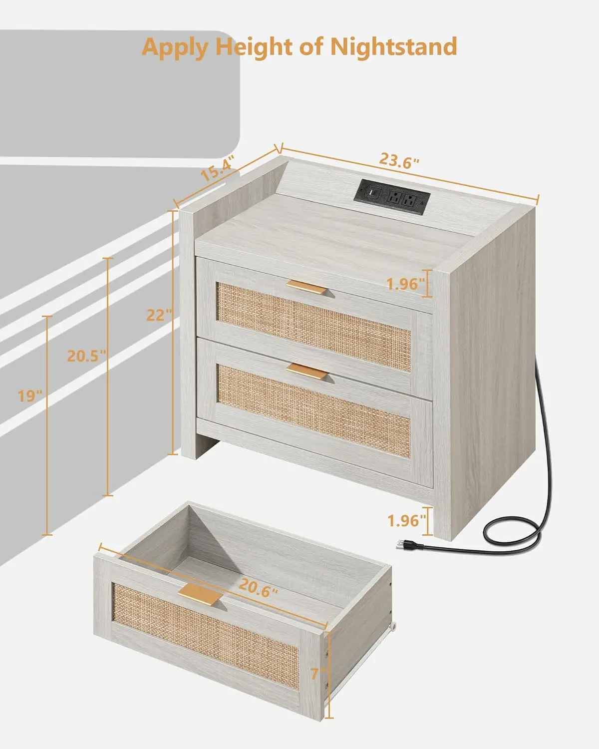 Nachtkastje Met 2 Bedden Bijzettafel: Rotan Nachtkastje Bijzettafel Met Type-C Laadstation, 2 Rotan Laden Opbergruimte Boho Wo