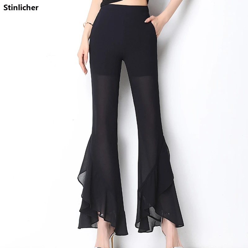 Summer Chiffon Ruffle Boot Cut Women\'s Pants Trousers Korea Fashion Office Ladies Work Ankle-Length Cropped Pants Female Bottoms