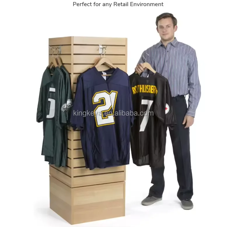 Custom.HIKUYA 4 Sides MDF Store Wood Slatwall Hanging Bag Display Stand Rack Backpack Display Stand Slatwall Rotating Display Ra