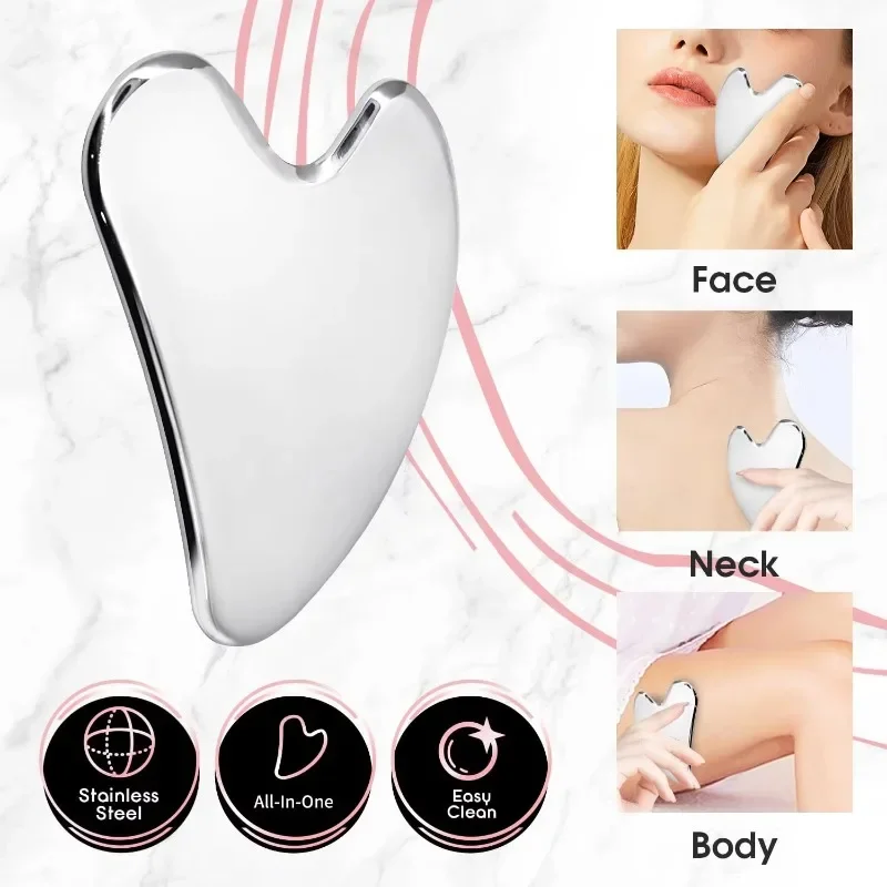 Upgrade Gua Sha Stainless Steel Tool for Face, Massage Scraper for Facial Skin Care (Metallic Luster)