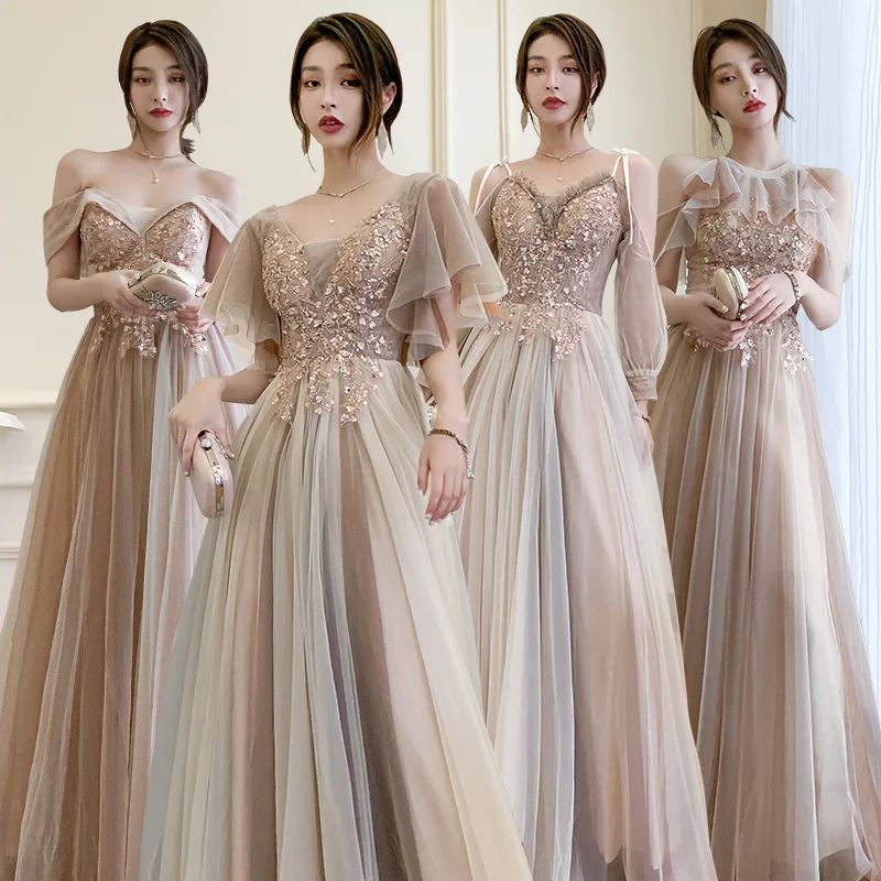 

Fashion Sequins Aplique Chiffon Back Bandage A-Line Evening Dress Bridesmaid Wedding Tulle Prom Gowns Vestidos