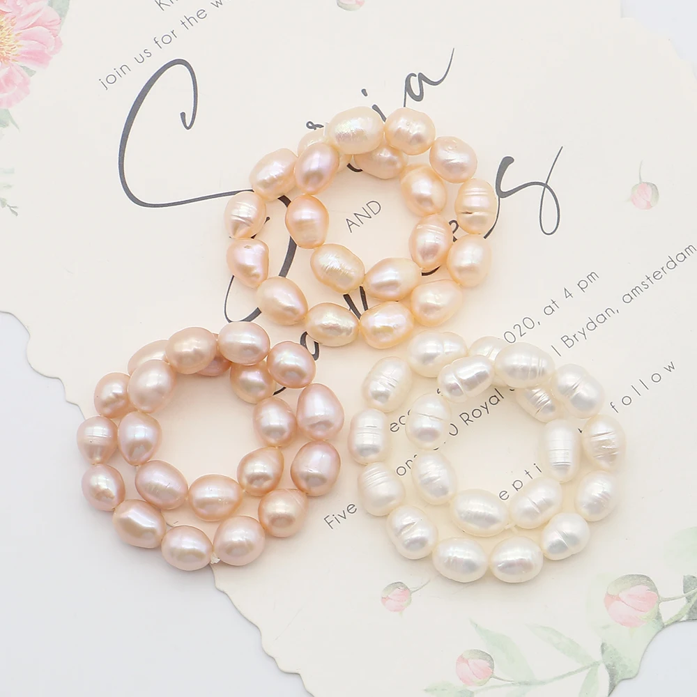 8-9mm Baroque-Style Natural Freshwater Threaded Pearl Rice-Shaped Bead Bracelet 19cm Length Beaded Women's Wrist Jewelry 1Strand