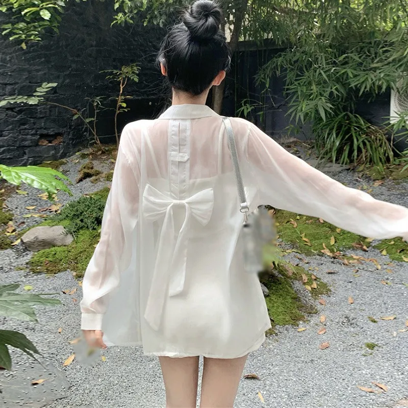 Summer Gentle Style Back Cut-Out Bow Design Seaside Holiday Elegant Women Sunscreen Shirt Solid Color All-match Cardigan