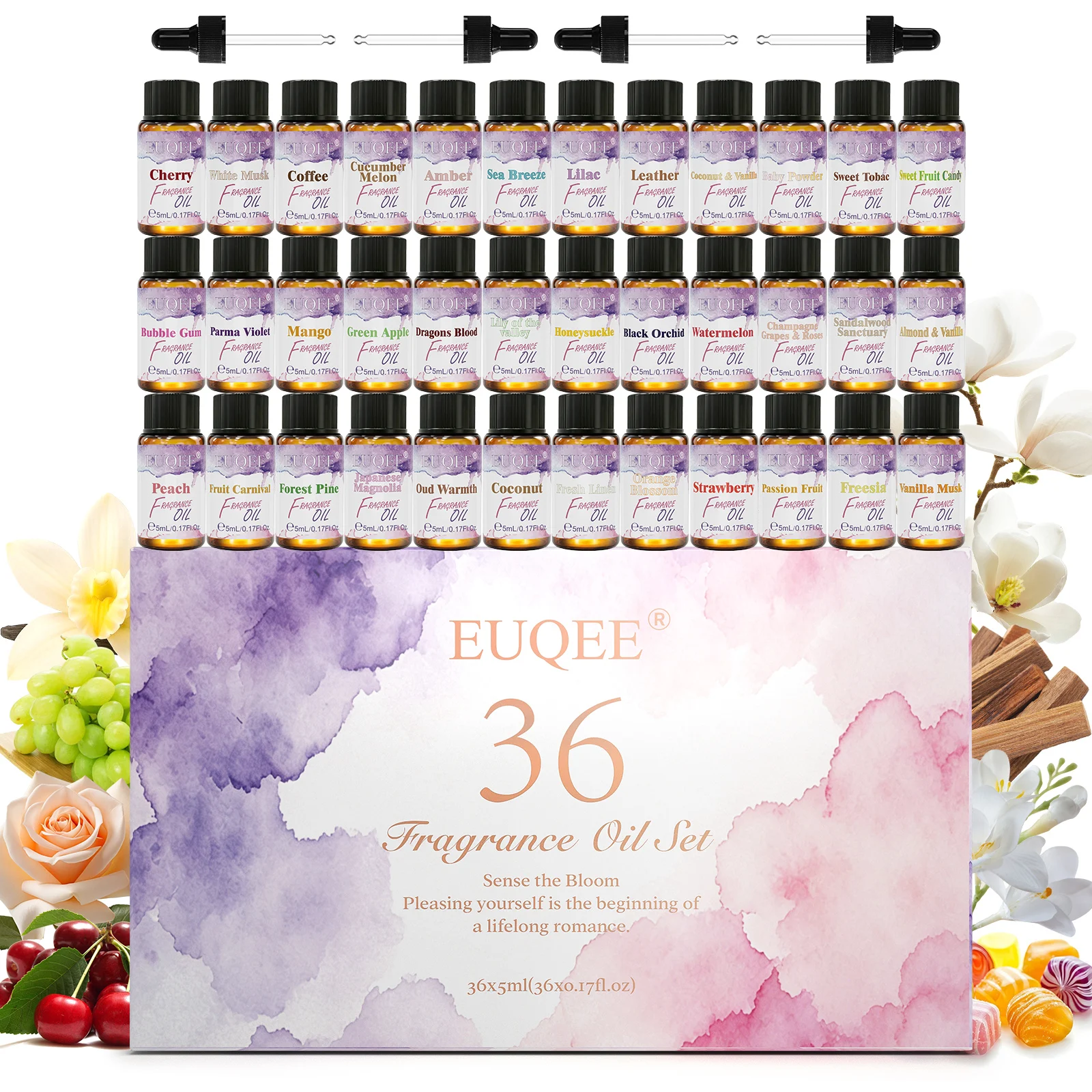 EUQEE 36 Bottles Fragrance Oils Gift Set-5ml Strawberry Cherry Peach Mango Coconut & Vanilla Coconut Fragrance Oil 36pcs/set Aroma Oils For Diffuser Candle Making