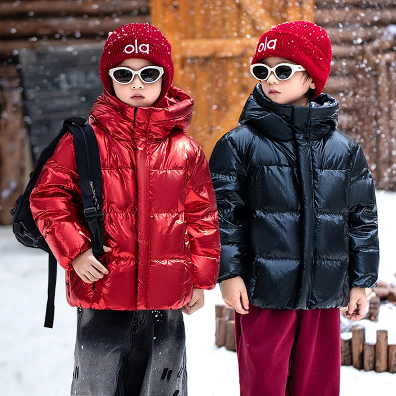 Children Boys Duck Down Jackets Winter Shiny Waterproof Kids Boys Outerwear Coat Thicken Warm Hooded Toddler Boys Puffer Jackets