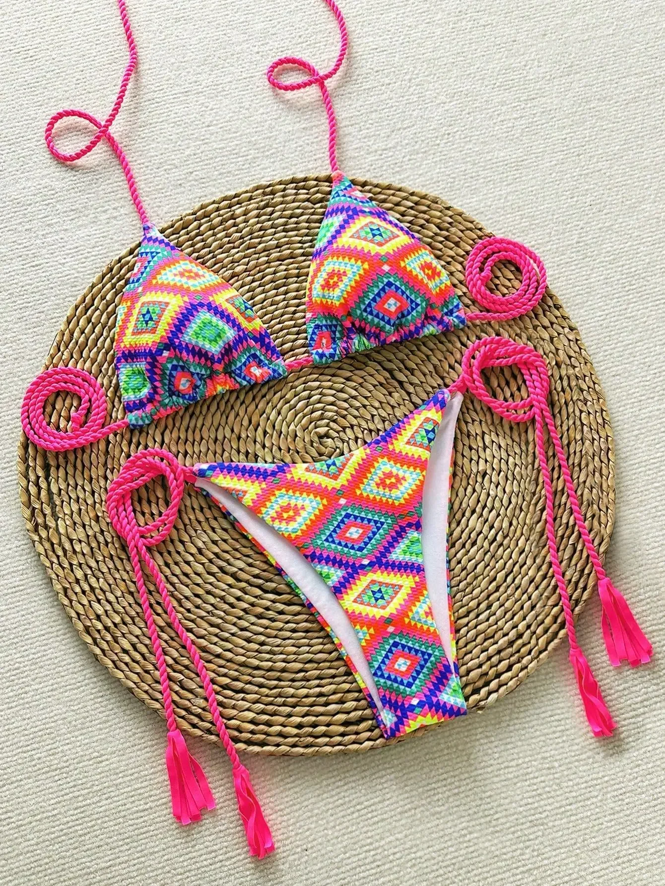 

Sexy Hot Pink Geometry Print Micro Bikini 2025 Women Summer Push Up Tassel Tie Side Thong Swimsuit Beach Bathing Suit Swimwear