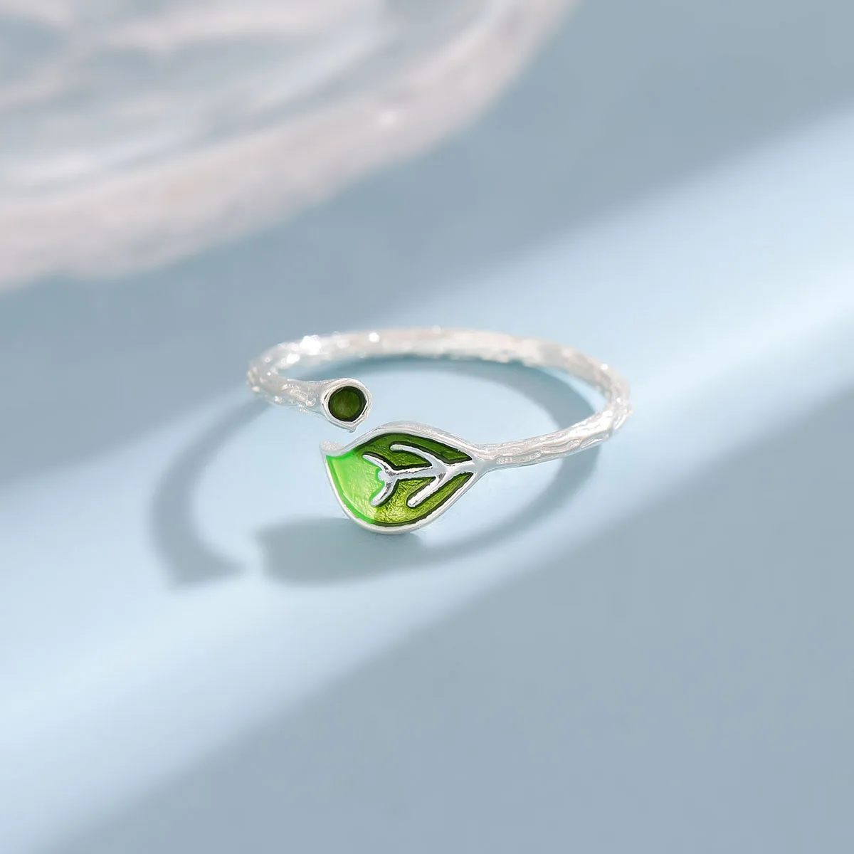 Women's Simple Green Leaf 925 Sterling Silver Opening Ring