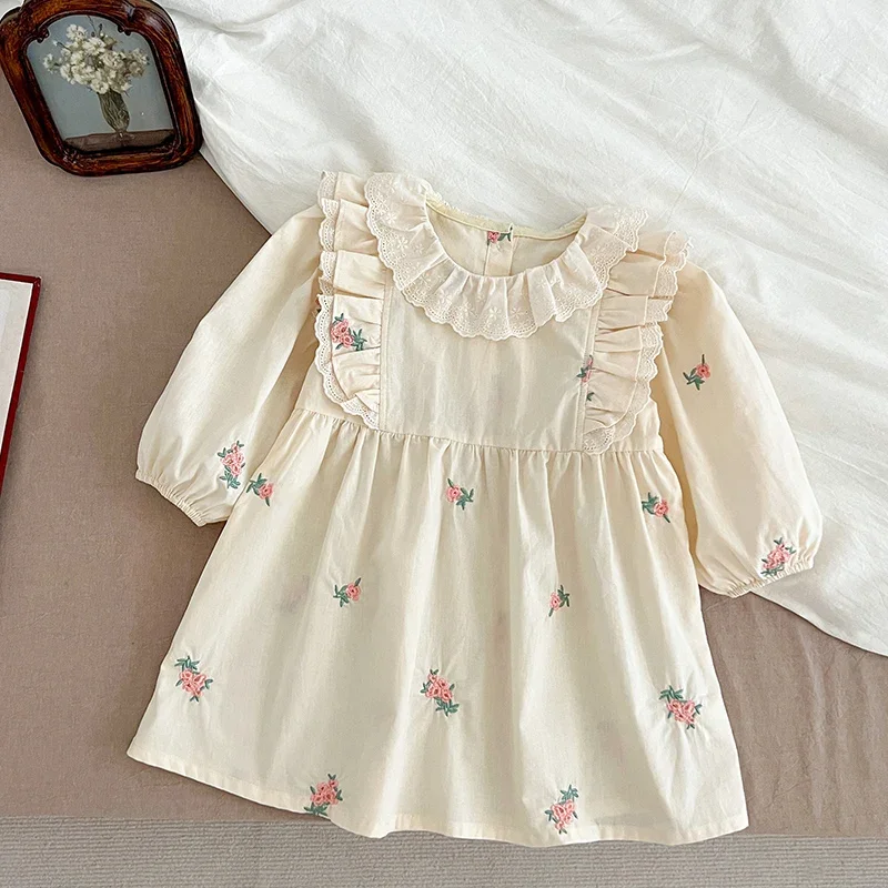 1-6Yrs Kids Dress Autumn Girls Dresses Long Sleeve Toddler Floral Embroidered Princess Dress Children Party Baby Clothing Retro