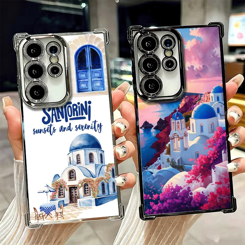 Santorini Greece Summer Plating Phone Case For Samsung Galaxy S26 S25 Edge S24 S23 Ultra S22 S21 Plus S20 FE Anti-Fall Protectio