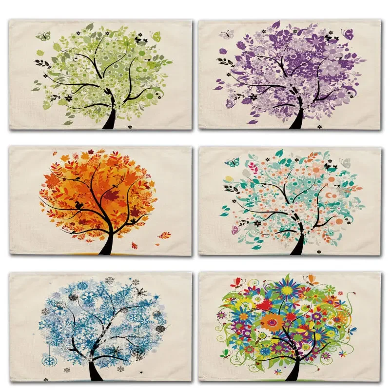 1Pcs Colorful Flower Tree Pattern Kitchen Placemat Coaster Dining Table Mat Cotton Linen Pad Cup Mats 42*32cm Home Decor MP0003