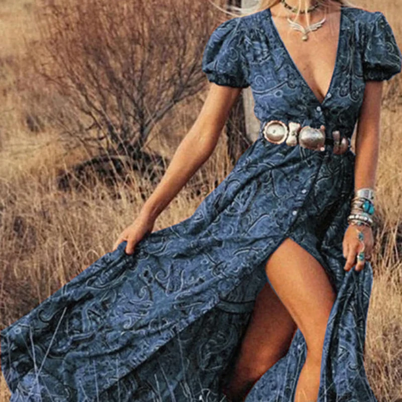 Abito lungo Boho Vintage con stampa floreale in Chiffon con scollo a v estate Gypsy Hippie abiti da donna Vestidos