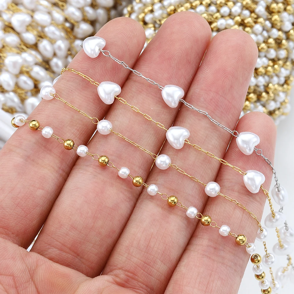 1 Meter Stainless Steel Heart Shape Pearl Beads Chain for DIY Necklace