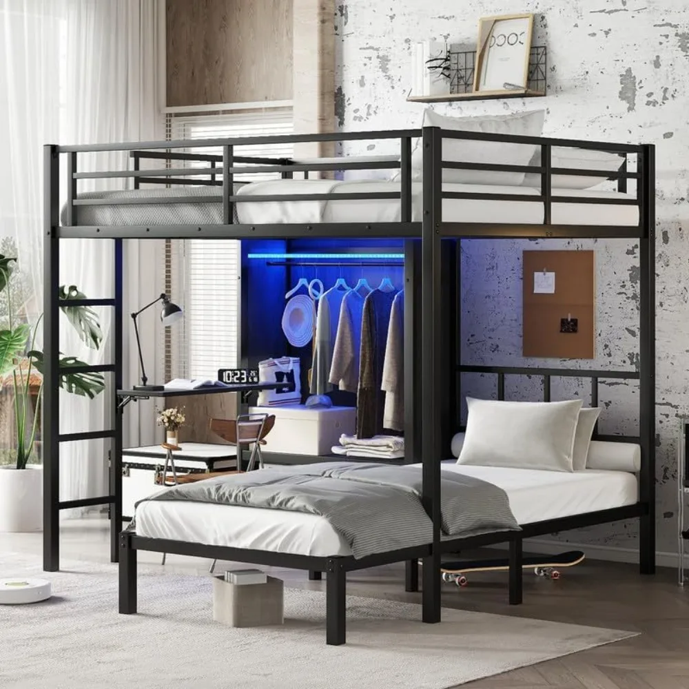 

Twin Metal Bunk Bed with Folding Desk & Wardrobe - Heavy Duty Sturdy Frame, Built-in RGB LED Lights, Safety Guardrail