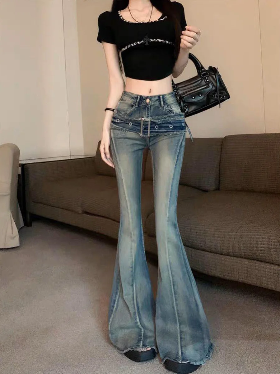 

American Style High Waist Bell Bottom Jeans Women's Belted Frayed Design Slimming Long Pants Summer Fashion Blue Denim