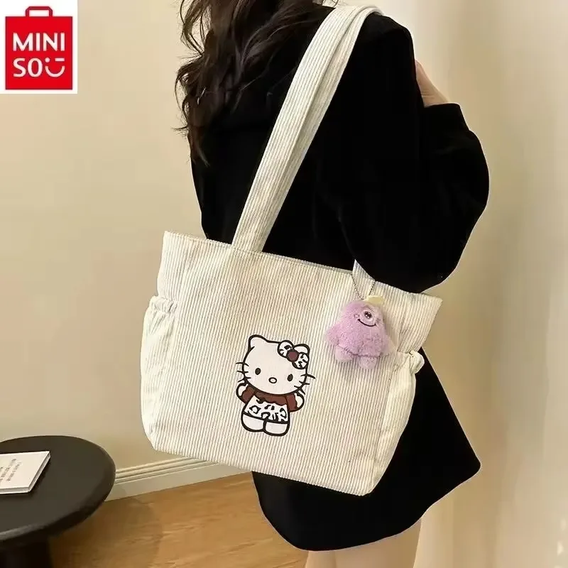 Sanrio Hello Kitty sztruksowa torba z grubej bawełny wytłoczony zamek błyskawiczny na co dzień modna torebka na ramię o dużej pojemności unisex