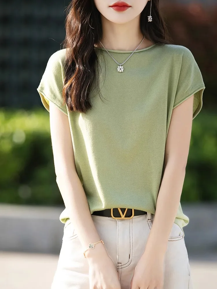 

Fall Thin ort Sve Knitted T-irt Women's Casual Loose Versatile Commute Slimming Top Faionable Casual round Ne Tee