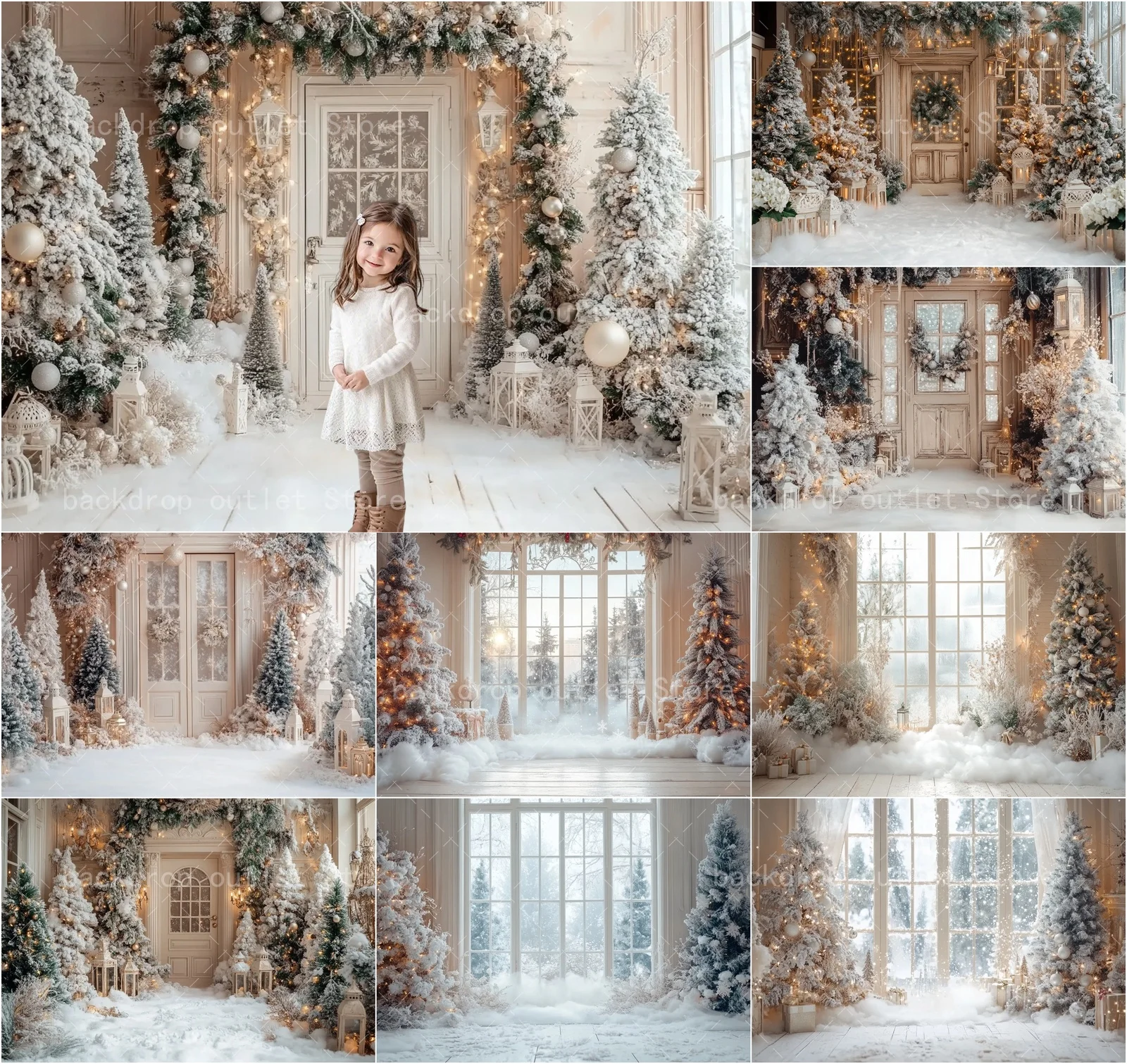 Mehofond Weihnachten Fotografie Hintergrund Beige Tür Fenster Weihnachtsbaum Lichter Dekor Kinder Familie Porträt Hintergrund Foto Studio
