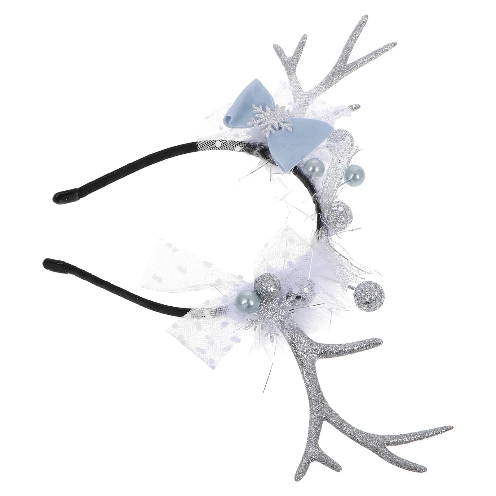 

Holiday Headband for Women Featuring Snowflakes Bows and Reindeer Antlers Christmas Party Accessory Festive Prop