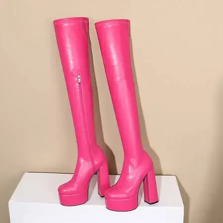 Punk Gothic Chunky Heels Over-the-Knee Boots Women Platform Zipper Stretch Thigh Boots Ultra High Heeled Rose Red Green Shoes 43