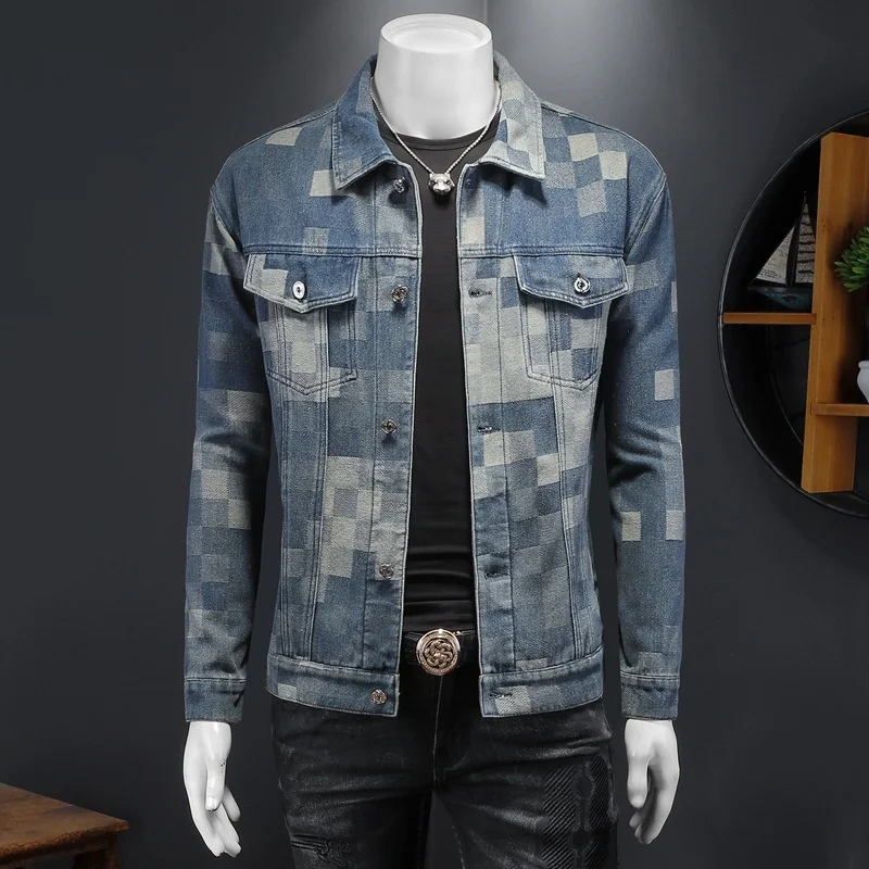 

2024 New Men's Denim Plaid Lapel Jacket High-quality Casual Oversized Trendy Top Jacket Coat Autumn / Winter