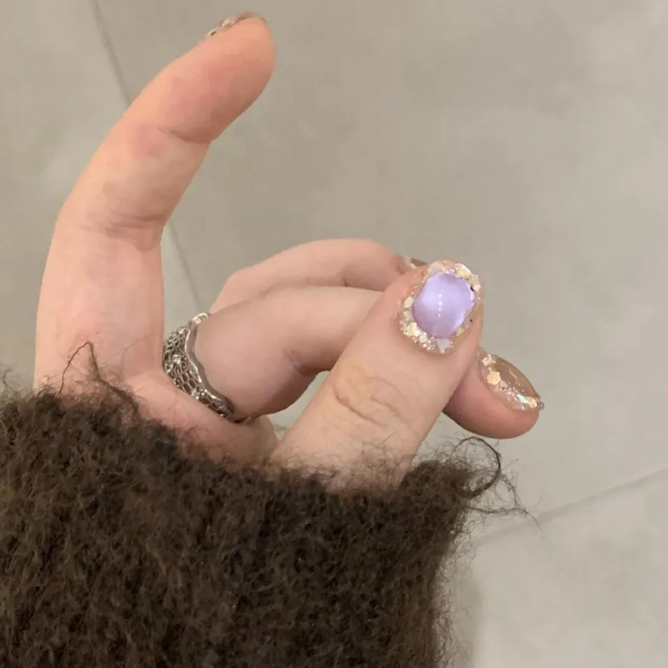 10pcs Handmade Press on Nails Purple Moonlight Cat's Eye Flash False Nail for Women&Girl Short Removable Wearable Fake Nail Art