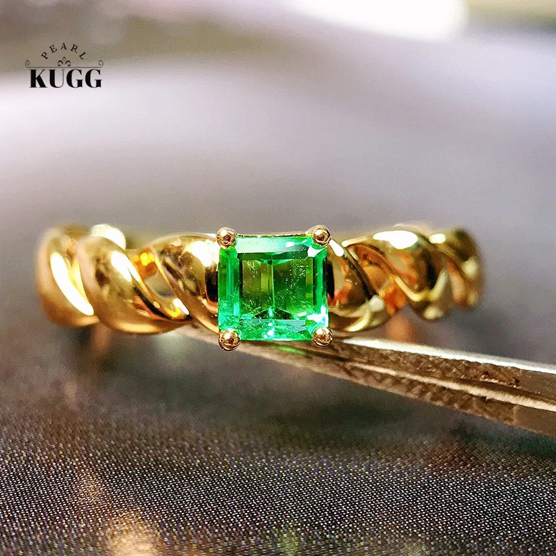 

KUGG 18K Yellow Gold Rings Vintage Metal Style Real Natural Emerald Luxury Gemstone Engagement Ring for Women Anniversary Gift