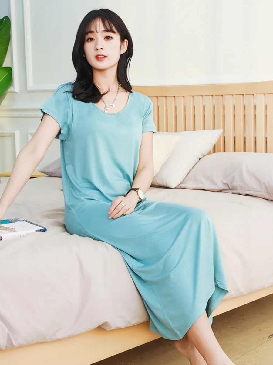 Extended Modal Sleep Dress Women's Integrated Loose Nightgown Home Clothes Short Sleeve with Chest Pad  Casual Home